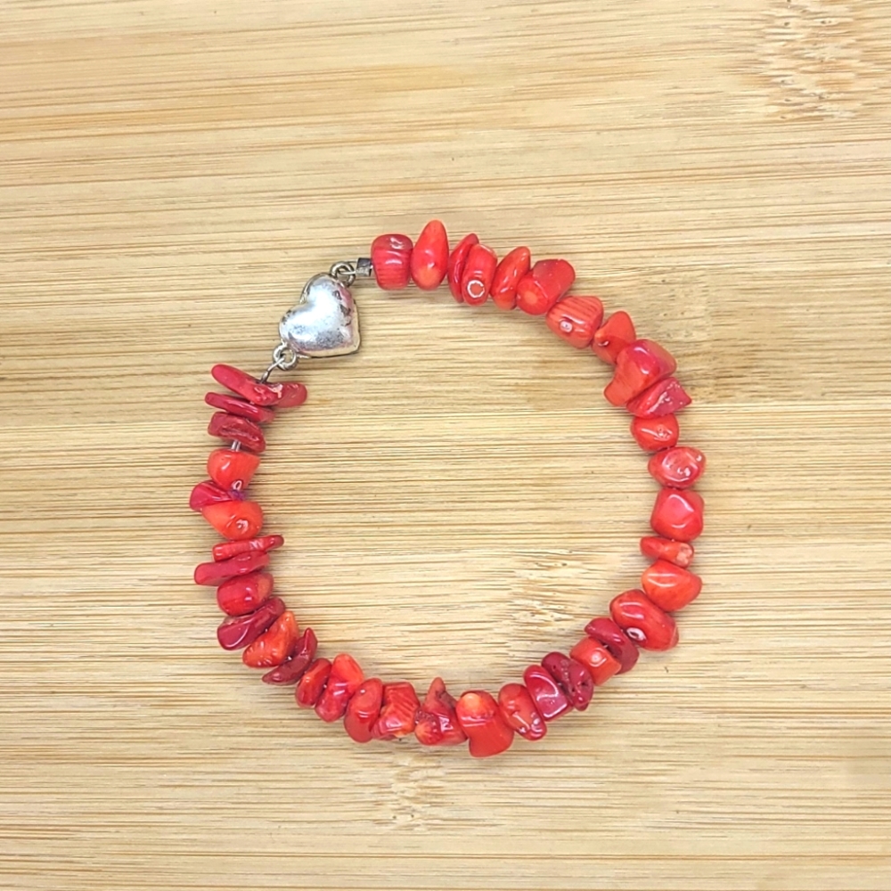 Red Coral Chip Bracelet with Magnetic Silver Heart